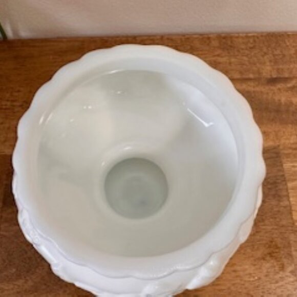 Vintage Milk Glass Pedestal Planter Bowl Floral Embossed White Scalloped Edge Va - Picture 6 of 6